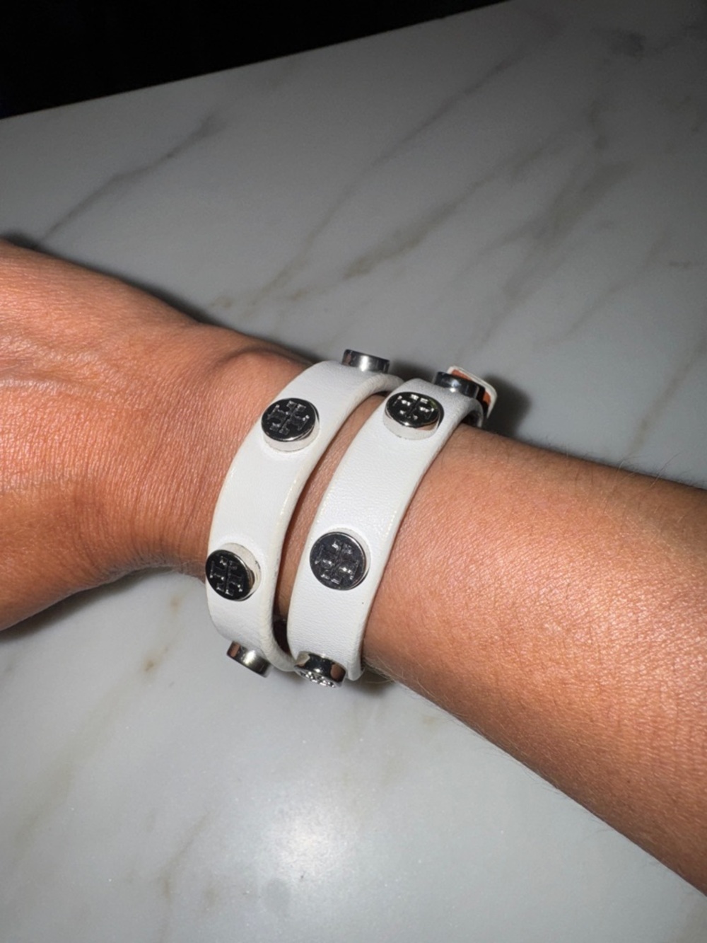 Tory Burch White Double-Wrap Logo Stud Bracelet